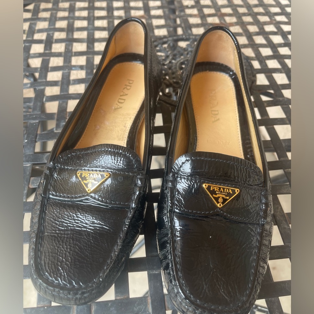 Black Prada patent leather flat loafers